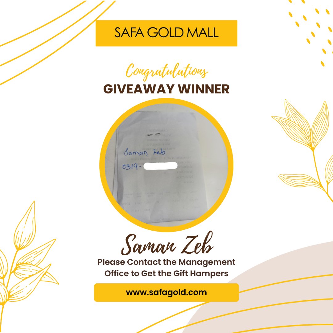 Congratulations to Saman Zeb, our lucky winner on day 6 of the 10 Years Celebration Lucky Draw at Safa Gold Mall! 🎉✨ Join us in celebrating a decade of excellence with exciting prizes and surprises every day! Stay tuned for more winners and celebrations ahead!

#safagoldmall