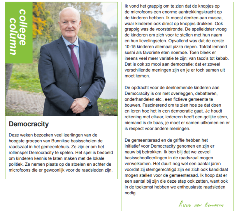 De column van de burgemeester op de gemeentepagina gaat deze week over 'Democracity'. #gemeenteraad #bunnik