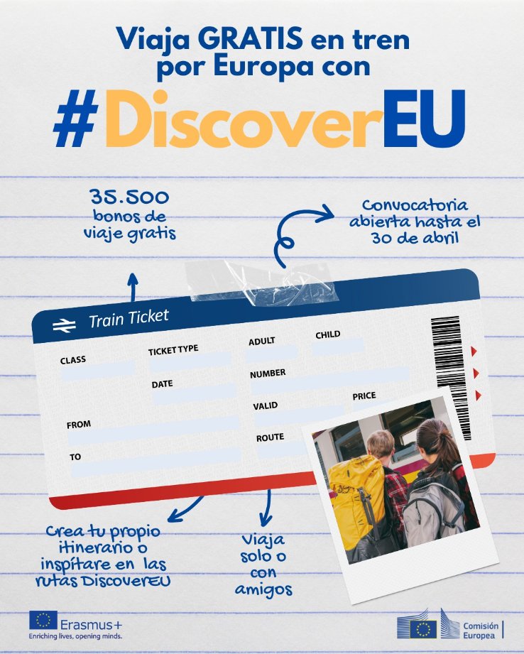 Convocatoria #DiscoverEU oficialmente abierta. Requisitos: tener 18 años y haber nacido entre el 1-7-2005 y el 30-6-2006. Solicítalo ahora podrías recibir un bono de tren gratuito y explorar Europa durante 30 días. #Eurodesk #EurodeskEspaña #SomosEurodesk #AndaluciaEUropea