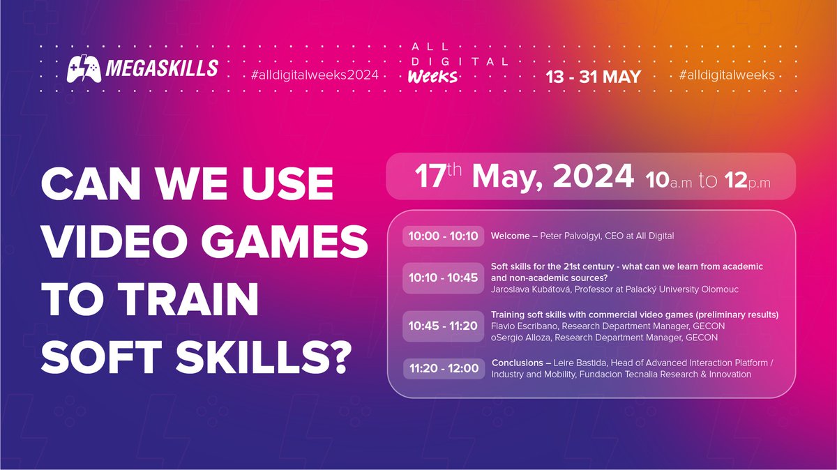 Can we use hashtag #videogames to hashtag#train soft skills? Join our hashtag#alldigitalweeks webinar, as the hashtag #MEGASKILLS team, a EU Science & Innovation project, explores the potential of video games as a tool for cultivating essential hashtag#softskills in today’s…