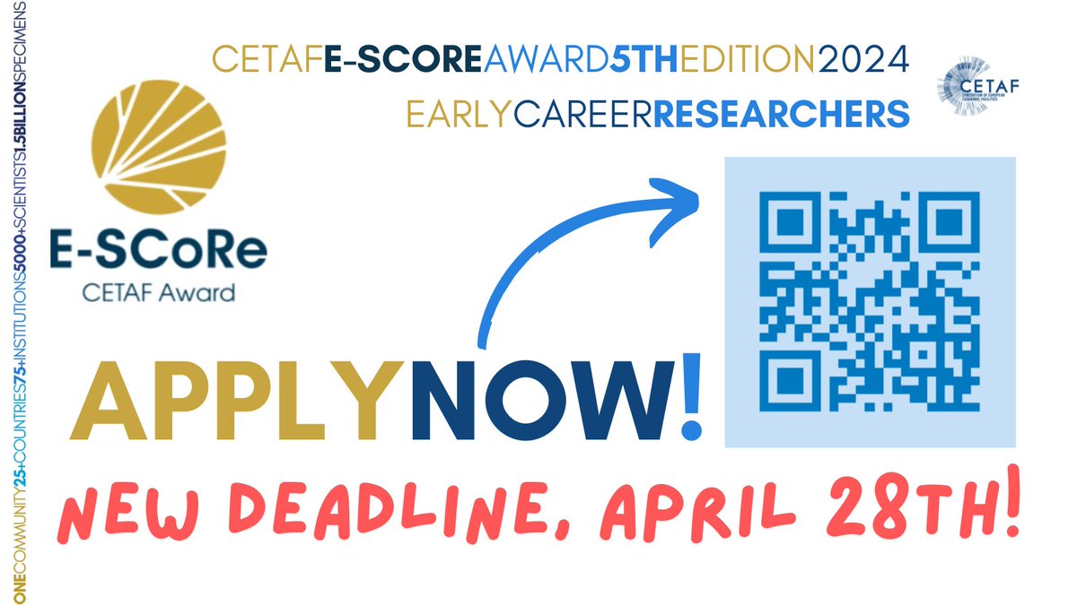 We extended the deadline for applying to the #CETAF E-SCoRe Award ▶️ It's now the 28th of April! You can find here all the information for participating 👉cetaf.org/elementor-9859/👈 #taxonomy #researchers