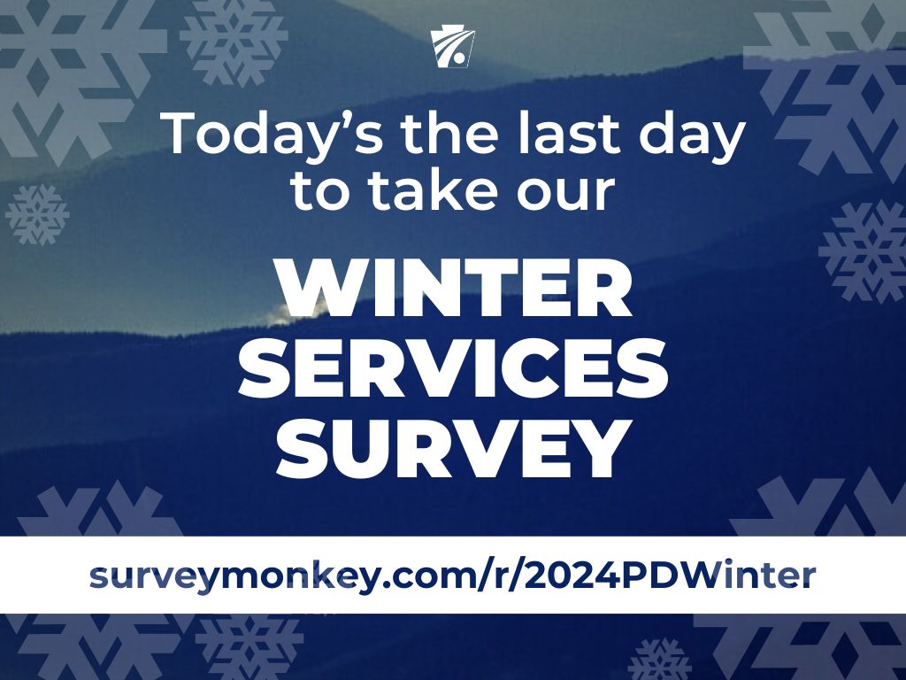 Today’s the last day to take our winter services survey about your timeline expectations for safe and passable roadways, how you rank snow-removal priorities, & how you rate PennDOT’s winter services. Click surveymonkey.com/r/2024PDWinter to take the 5-minute survey today! #PAWinter