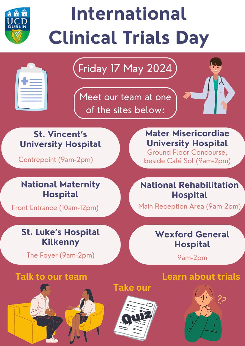 One month to go until we host our annual International Clinical Trials Day events! Join @UCDClinRes at one of our participating sites ⬇️ #ICTD24 #ClinicalTrials #LearnAboutClinicalTrials