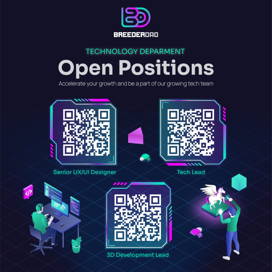🚀 Join BreederDAO! 🚀

We are looking for:
➡ Tech Lead
➡Senior UX/UI Designer
➡ 3D Development Lead

 A #DifferentBREED of benefits awaits you.

✅ Flexible working hours
✅ Employee well-being programs
✅ Extensive professional development opportunities

Scan the QR below.