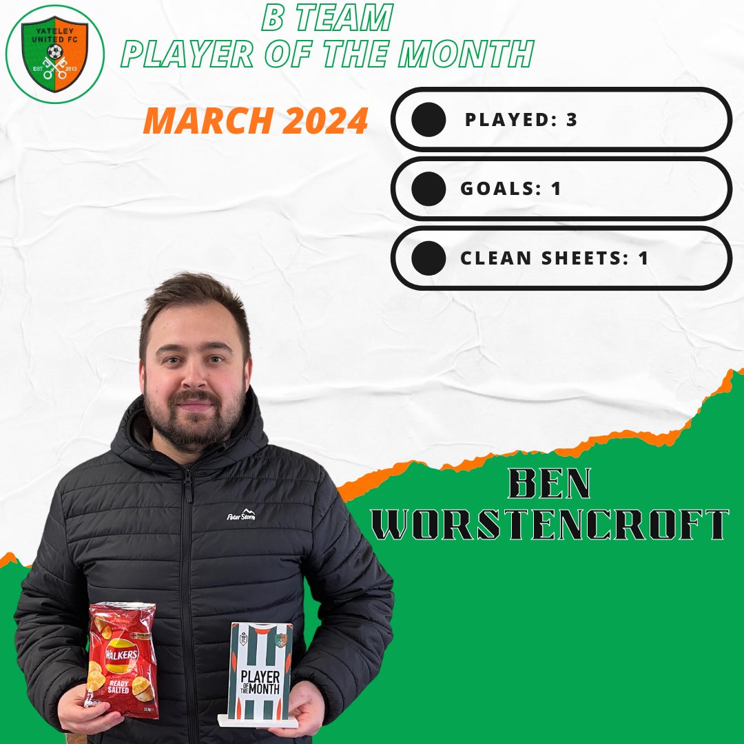B Team Player of the Month - Ben Worstencroft Congratulations Ben on winning March B team player of the month! Solid at the back! A goal & upgraded to skipper during March! #YUFC #GreenArmy #UnitedForTheCommunity