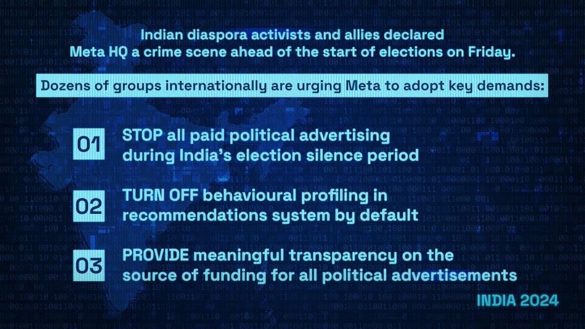 Activists are urging Meta to adopt immediately key demands #IndiaElections2024 @foundationtls @IndLabSol @indiacivilwatch @Hindus4HRUK @UKIMCouncil @IndInsaf @Eko_Movement @PeopleVsBigTech