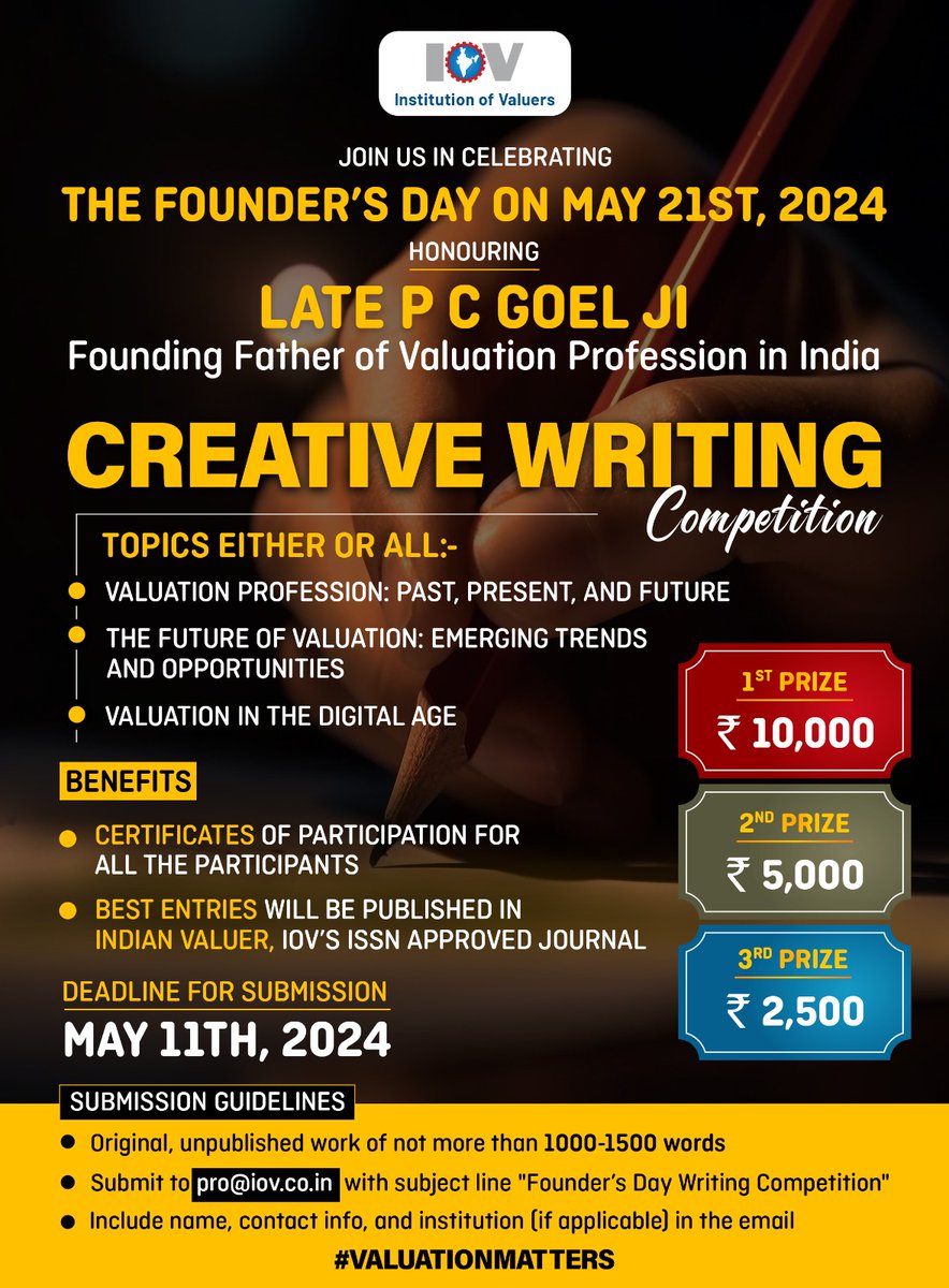 Join us in celebrating IOV #FoundersDay with the Creative Writing Competition! 📝 Win exciting prizes and exclusive benefits.  🏆🎉
Submit your entry to Pro@iov.co.in before May 11, 2024, and let your creativity shine!

#ValuationPioneer #Valuationmatters #IOV #PCgoel #joinnow