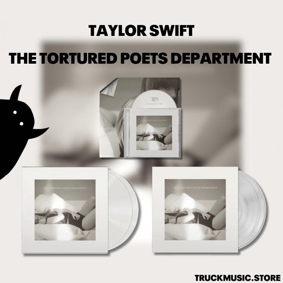 Taylor Swift's new album drops FRIDAY! Secure your copy of 'The Tortured Poets Department' now! Available on CD, Ghosted White and Phantom Clear vinyl. All variants include bonus track, 'The Manuscript'. truckmusic.store/shop/back-cata…