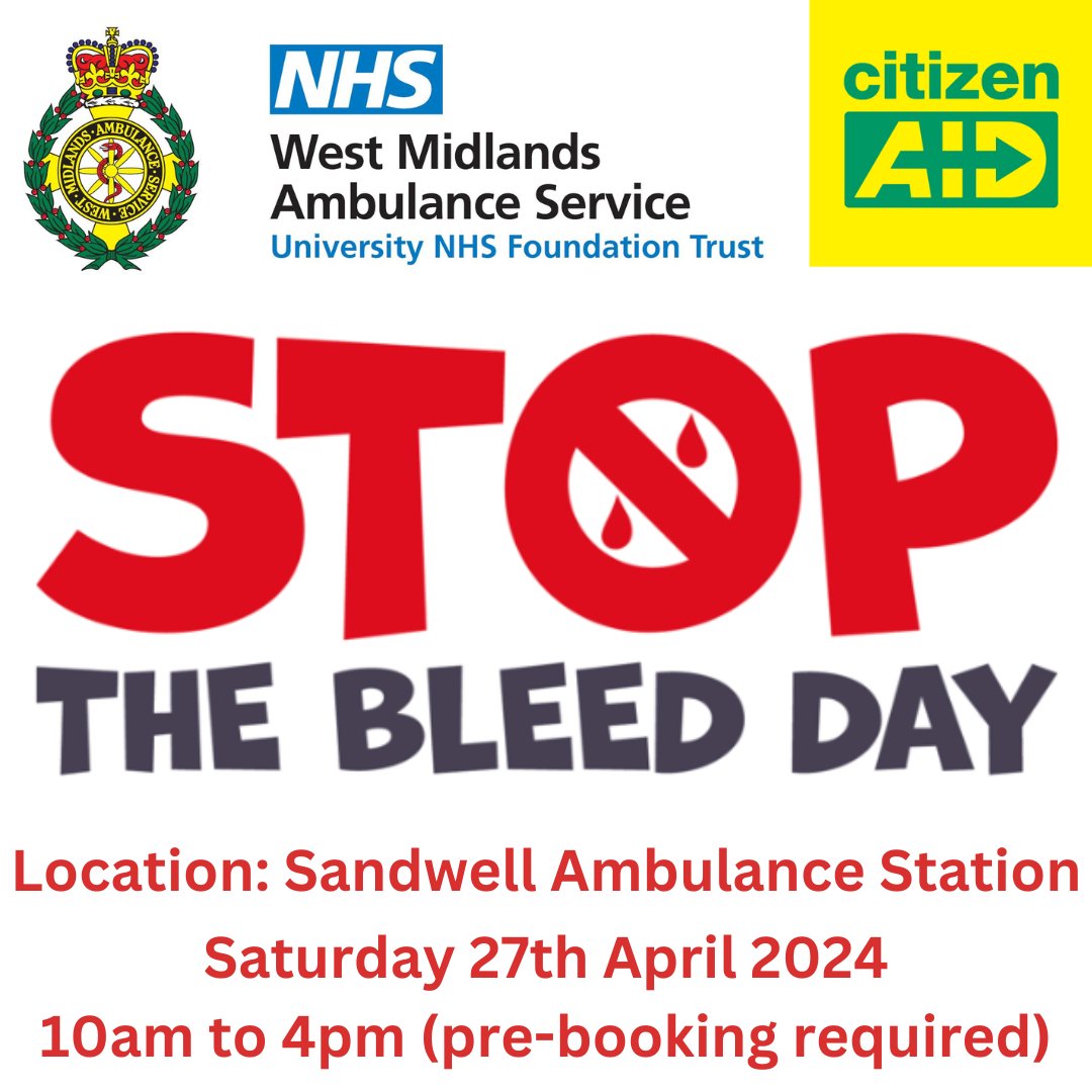 Please RT and help spread the word about #𝗦𝘁𝗼𝗽𝗧𝗵𝗲𝗕𝗹𝗲𝗲𝗱𝗗𝗮𝘆. We have plenty of spare training slots available on Saturday 27th April at our WMAS Sandwell Ambulance Hub event. 𝗣𝗟𝗘𝗔𝗦𝗘 𝗦𝗛𝗔𝗥𝗘 𝗔𝗡𝗗 𝗧𝗔𝗚 𝗬𝗢𝗨𝗥 𝗙𝗥𝗜𝗘𝗡𝗗𝗦 citizenaid.org/stop-the-bleed…
