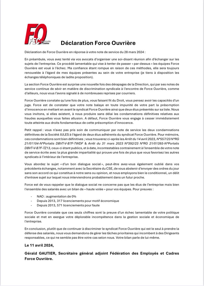nad1008ferrante's tweet photo. Élections 2024 🤪@FOHappychic
Suite à l'annulation des élections, veuillez trouver ci-joint quelques précisions de la part des élus FO.
Merci à notre @FECFO Employés-Cadres FO pour leur soutien ✊✊✊ https://t.co/yLkvyjif7z