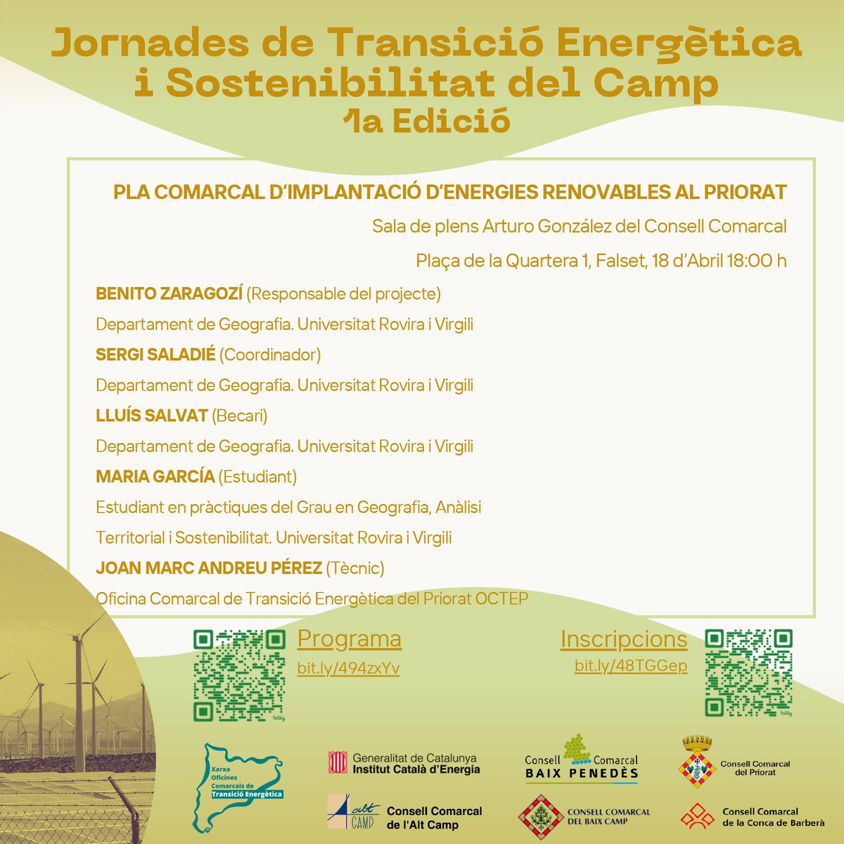 El @CCPriorat presenta el Pla comarcal d’implantació d’energies renovables en el marc de la primera edició de les Jornades de Transició Energètica del Camp. Inscripcions 👉🏼 a través del QR del cartell 📆Dijous, 18 d’abril 🕕18h. 📌Consell Comarcal priorat.cat/actualitat/el-…