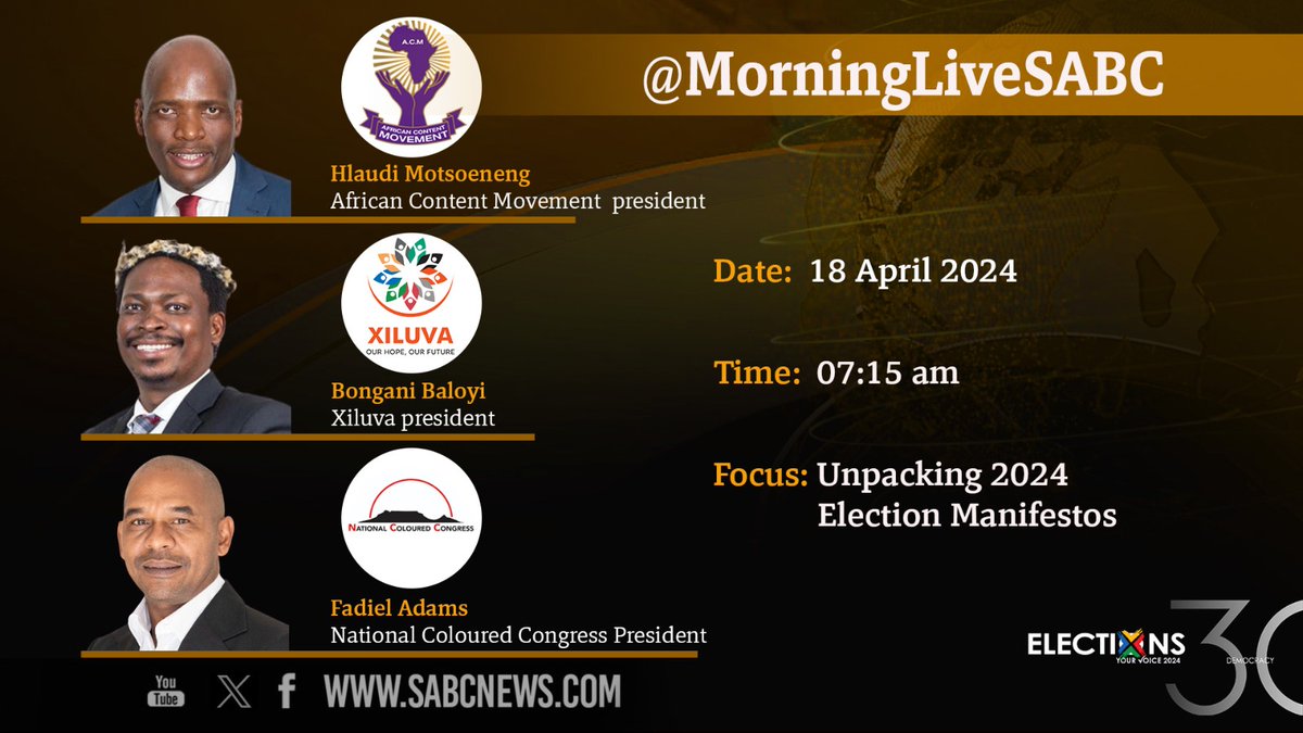 Catch Xiluva Leader Bongani Baloyi on @MorningLiveSABC tomorrow @07:15am

#Xiluva
#BonganiBaloyi
#OurHopeOurFuture
#WeAreXiluva
#VoteXiluva