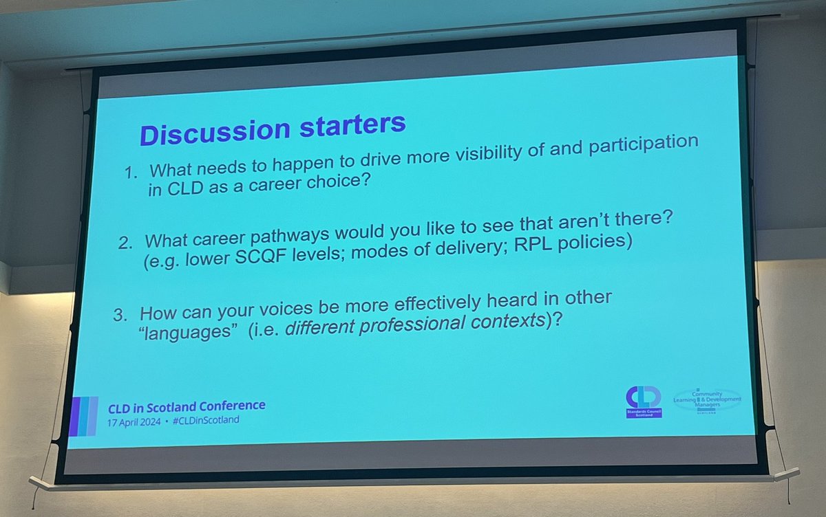 Interesting discussions around career pathways into #CLD @CldmScotland @cldstandards How can we make CLD more visible as a career choice? @ClacksEducation #CLDinScotland