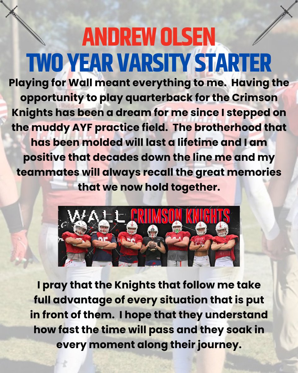🗡️ Class of ‘24 Senior Spotlight 🗡️Andrew Olsen🗡️2 year varsity starter at Quarterback. 🗡️ Andrew was the ultimate teammate and is everything we want in a Wall Knight🗡️ <a href="/EdGurrieri/">Ed Gurrieri</a> <a href="/coachrogers328/">Coach Rogers</a> <a href="/WallAthletics/">Wall Twp Crimson Knights</a> 🗡️ #stayhome 🗡️ #HONORingourtradition 🗡️ #defineourfuture 🗡️
