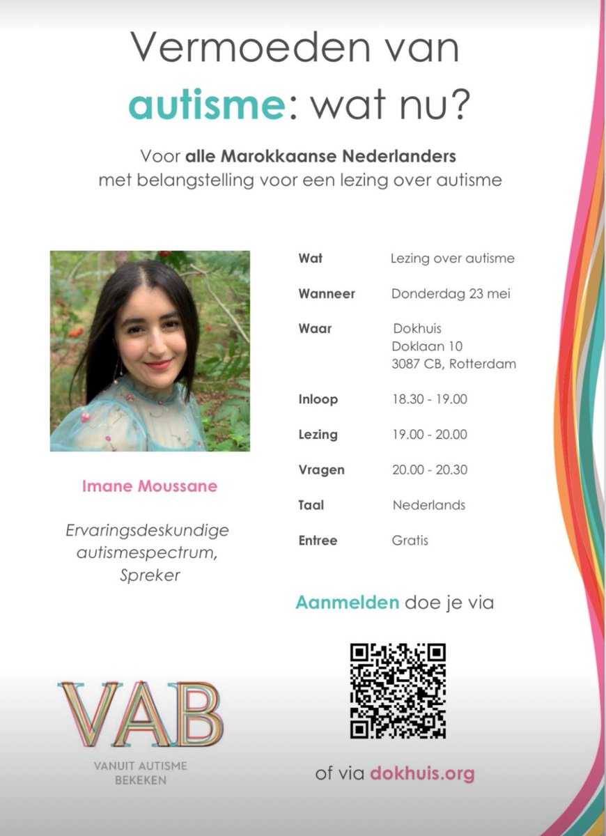AtypistAnne's tweet photo. Imane Moussane geeft een lezing over autisme voor alle Marokkaanse Nederlanders die daarin geïnteresseerd zijn.

23 mei in Rotterdam. https://t.co/vPvT5TDicK
