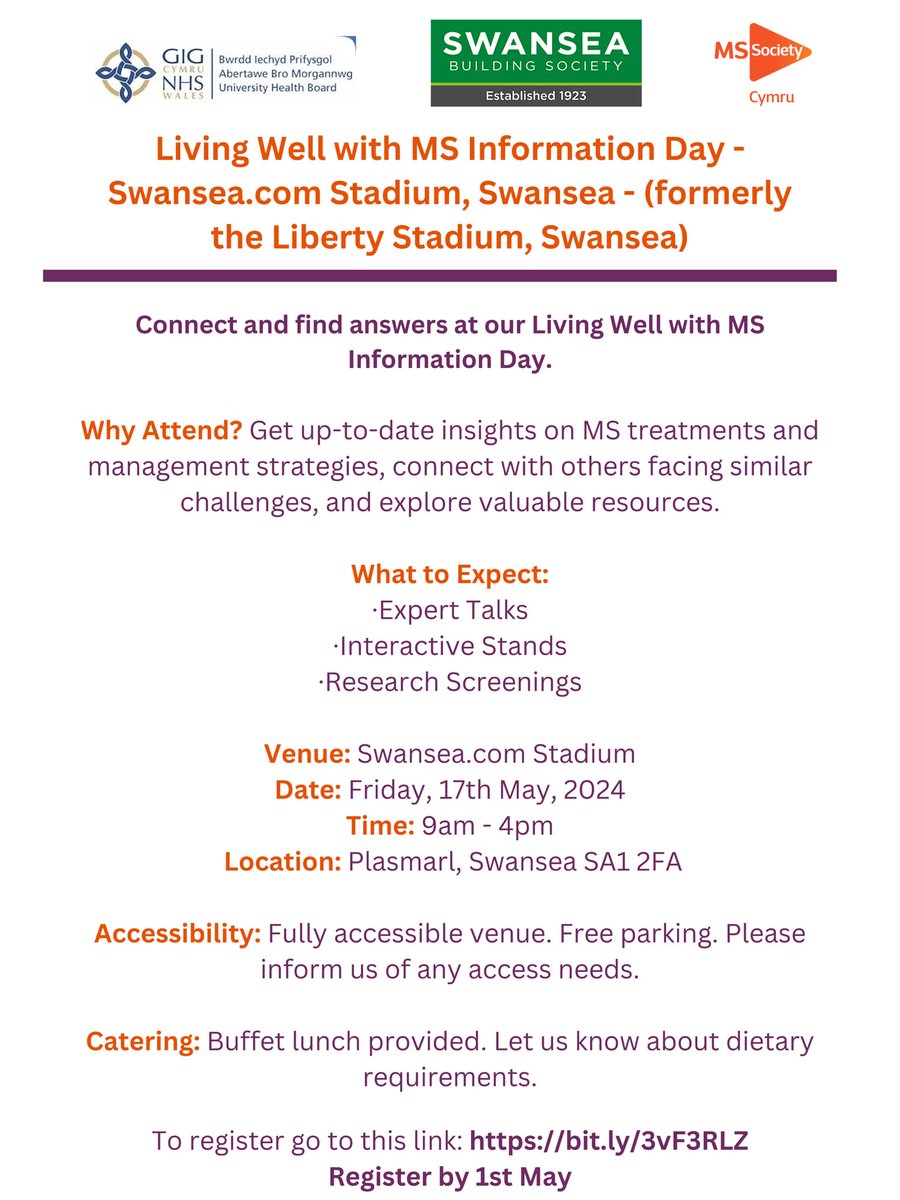Join us for a Living Well with MS information day at Swansea .com Stadium funded by Swansea Building Society.

17th May, 9am.

More info below 👇