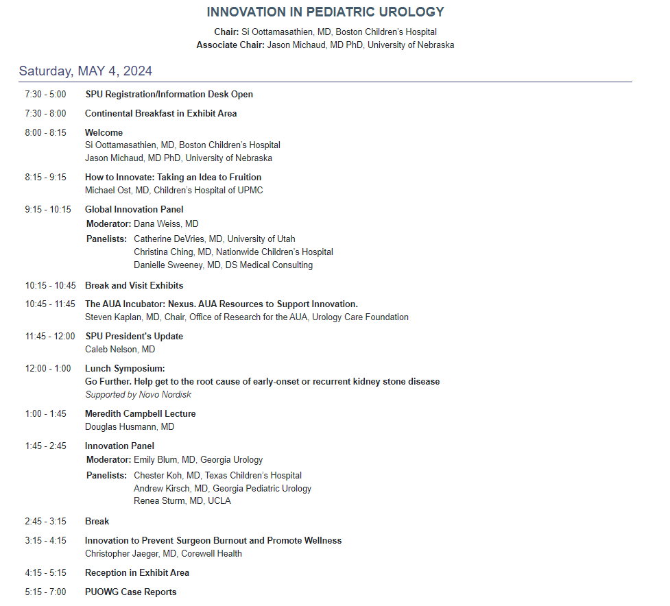 Michael Ernst (@mernsturo) on Twitter photo Getting excited for #AUA24!
👶The Societies for Pediatric Urology meeting on Saturday, May 4th will focus on INNOVATION 🔬
Experts from <a href="/AmerUrological/">Amer. Urol. Assn.</a>, <a href="/SPU_Urology/">SPU_Urology</a>, and <a href="/IVUmed/">IVUmed</a>
Great opportunity to learn from leaders at all stages of their careers🤔 Getting excited for #AUA24!
👶The Societies for Pediatric Urology meeting on Saturday, May 4th will focus on INNOVATION 🔬
Experts from <a href="/AmerUrological/">Amer. Urol. Assn.</a>, <a href="/SPU_Urology/">SPU_Urology</a>, and <a href="/IVUmed/">IVUmed</a>
Great opportunity to learn from leaders at all stages of their careers🤔