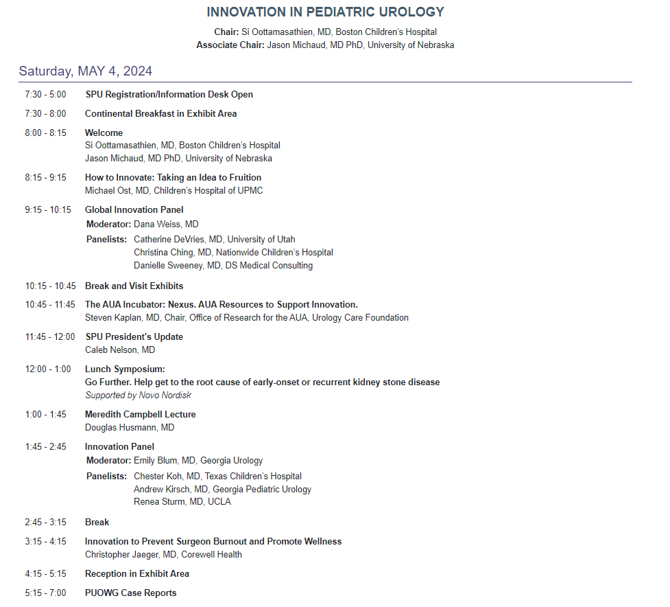 Getting excited for #AUA24! 👶The Societies for Pediatric Urology meeting on Saturday, May 4th will focus on INNOVATION 🔬 Experts from @AmerUrological, @SPU_Urology, and @IVUmed Great opportunity to learn from leaders at all stages of their careers🤔