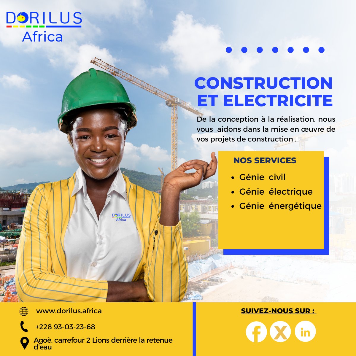 Venez nous rejoindre pour contribuer à la construction d'un avenir plus durable. 
Dorilus Africa, une entreprise passionnée par l'innovation et la qualité de ses projets de construction et d'électricité.
🌐 dorilus.africa 
 #Dorilusafrica #ConstructionDurable #Tgtwittos