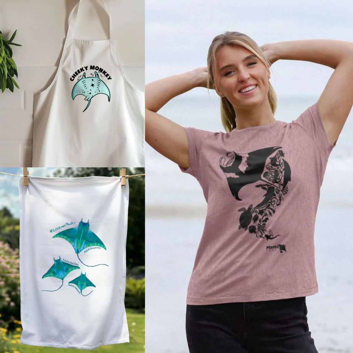 💚 10% off our products from 19th- 22 April using the code EARTH10 🎉 Dive into our new collection of sustainably made organic cotton tea towels, aprons and ceramic mugs inspired by manta rays! 🔗 Click the link below to visit our TeeMill store! 👉 bit.ly/30Rmcp0