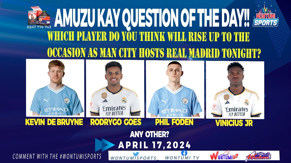 QUESTION OF THE DAY!! WHICH PLAYER DO YOU THINK WILL RISE UP TO THE OCCASION AS MAN CITY HOSTS REAL MADRID TONIGHT?🤔 A. KEVIN DE BRUYNE🇧🇪 B. RODRYGO GOES🇧🇷 C. PHIL FODEN🏴󠁧󠁢󠁥󠁮󠁧󠁿 D. VINICIUS JR🇧🇷 🗣️ANY OTHER?👤 COMMENT WITH THE HASHTAG #WontumiSports FOR VALIDITY.🔥🔥🔥