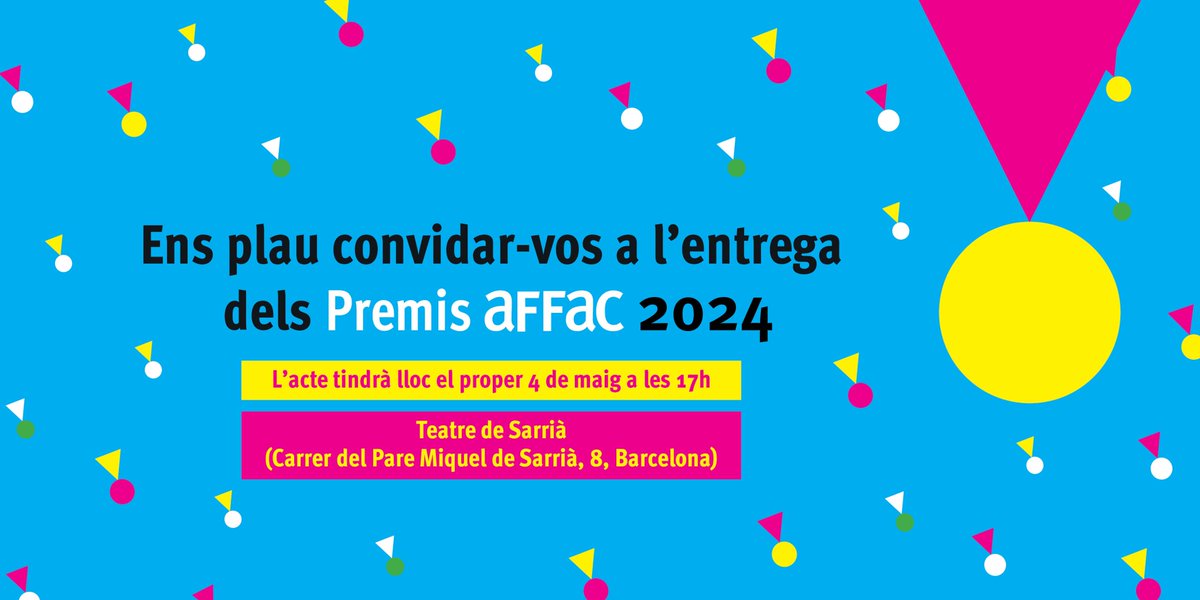 affac_cat's tweet photo. 🥳El pròxim 4 de maig celebrarem l’acte de lliurament dels Premis aFFaC 2024!
Un dia ple de màgia 🪄 , música 🎶, pica-pica 🥪 i moltes sorpreses més!
⌛️ Quines ganes de conèixer els guanyadors d'aquesta 12a edició dels 🏅 #PremisaFFaC!
Inscripcions 👉https://t.co/uwCjf8LFIh https://t.co/PaQaFs2OQf