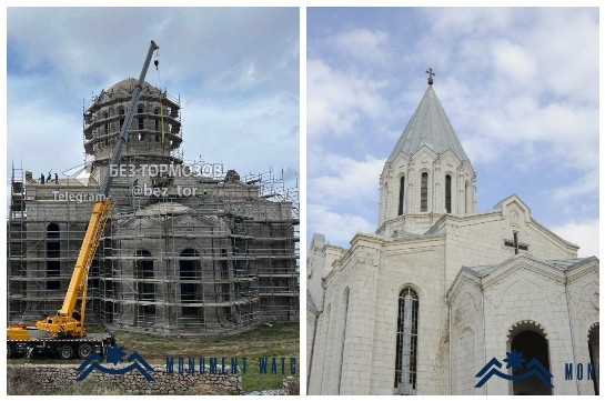 Pictures from #Azerbaijan'i telegram sources show the destruction of the cross window and sculpture above it on one of the double facades of the Holy All Savior Ghazanchetsots Church in #Shushi (#Artsakh/#NagornoKarabakh) under the pretext of 'renovation.'