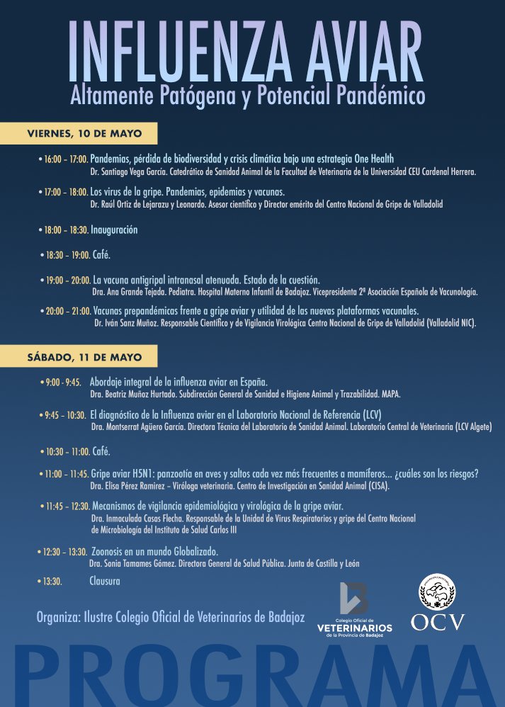 Elisa Pérez-Ramírez (@bureli) on Twitter photo “INFLUENZA AVIAR ALTAMENTE PATÓGENA Y POTENCIAL PANDÉMICO” Jornada organizada por <a href="/Colvetba/">Colegio de Veterinario de Badajoz</a> 10-11 mayo en Badajoz.
Alli estaré junto a otros colegas de sanidad animal y salud pública.
@icasasflecha2 <a href="/DrLejarazu/">R Ortiz de Lejarazu🦠🤧💉🧬🏉</a> <a href="/CentroGripe/">Centro Nacional de Gripe de Valladolid</a> <a href="/beatrizmunozh/">Beatriz Muñoz</a> <a href="/Santiag82793508/">Santiago Vega</a>
colegioveterinariosbadajoz.com/influenza-avia… “INFLUENZA AVIAR ALTAMENTE PATÓGENA Y POTENCIAL PANDÉMICO” Jornada organizada por <a href="/Colvetba/">Colegio de Veterinario de Badajoz</a> 10-11 mayo en Badajoz.
Alli estaré junto a otros colegas de sanidad animal y salud pública.
@icasasflecha2 <a href="/DrLejarazu/">R Ortiz de Lejarazu🦠🤧💉🧬🏉</a> <a href="/CentroGripe/">Centro Nacional de Gripe de Valladolid</a> <a href="/beatrizmunozh/">Beatriz Muñoz</a> <a href="/Santiag82793508/">Santiago Vega</a>
colegioveterinariosbadajoz.com/influenza-avia…