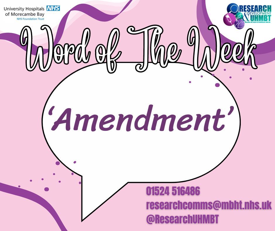 This week's #WordOfTheWeek is 'Amendment'.

Amendments are changes made to a research study✍️ 

This could be as small as the wording in a patient leaflet to a whole new method of the treatment as outlined in the trial's protocol.

Find out more here 👉 buff.ly/3VVkVYw