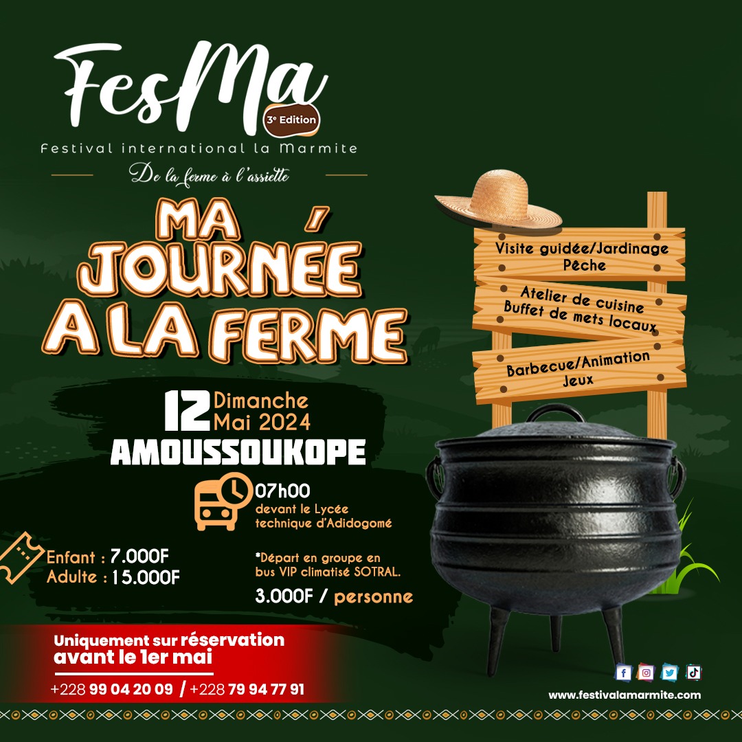 Évadez-vous seul, en famille ou avec vos amis, pour 1e expérience champêtre inédite à AMOUSSOUKOPE, avec le FESMA

Au programme :
- Jardinage🧑🏾‍🌾
- Pêche🎣
- Atelier de cuisine🍲
- Déjeuner autour d'un buffet de mets locaux🌿
- Barbecue 🍖
- Ambiance foraine
#Ecologie #agriculture