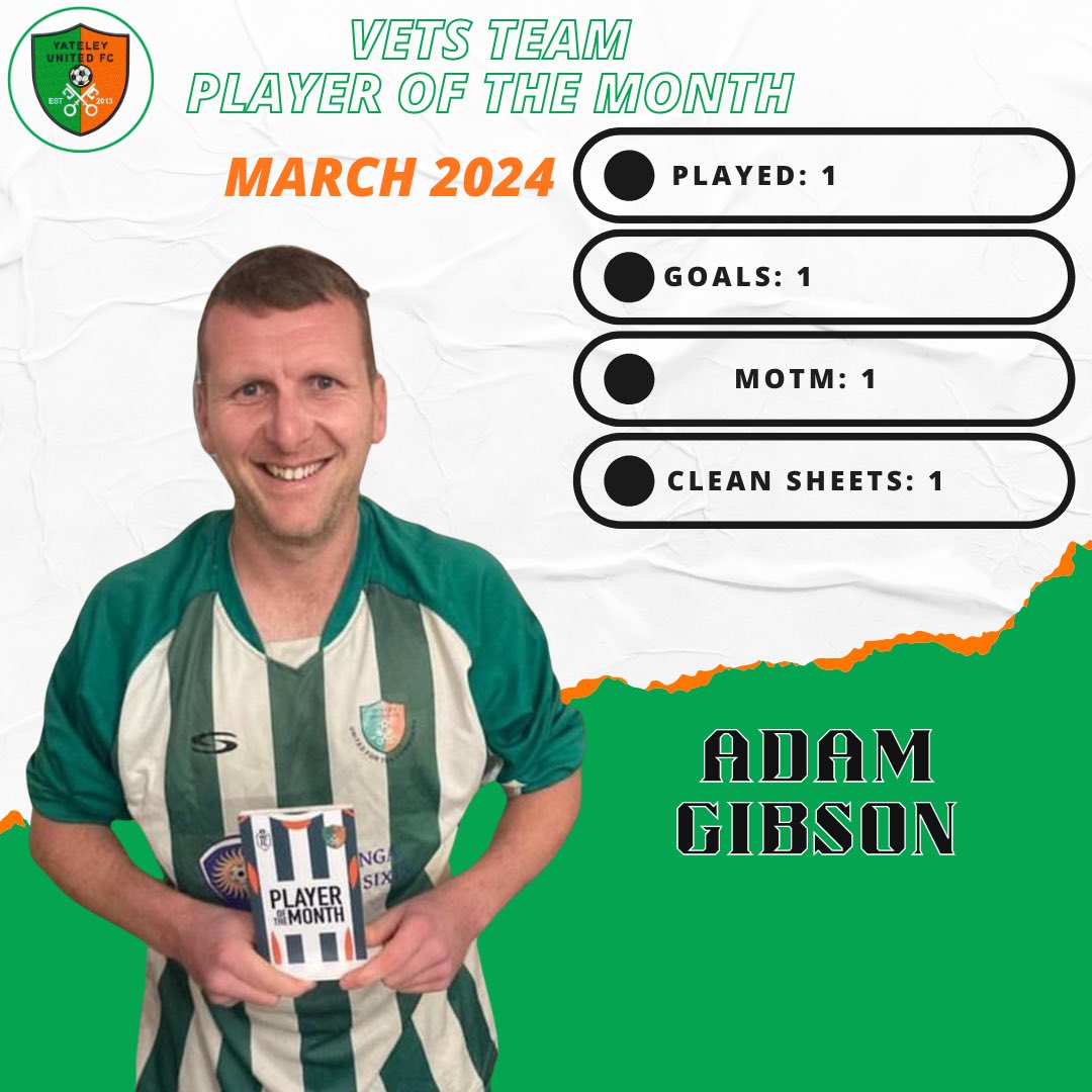 Vets Team Player of the Month - Adam Gibson Congratulations Gibbo on winning March Vets Team Player of the month! Winning goal in top of the table clash! #YUFC #GreenArmy #UnitedForTheCommunity