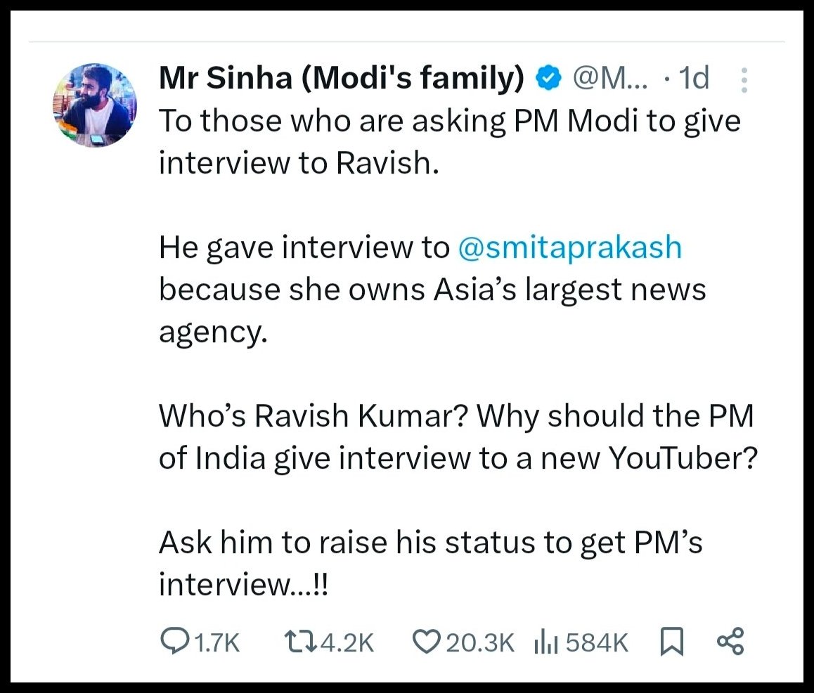 - Ravish Kumar won the Magsaysay award for People's journalism 

- Smita Prakash's ANI won the title of 'Bad sources of Misinformation' by EU report

PM chose ANI, Aukaat apna apna.