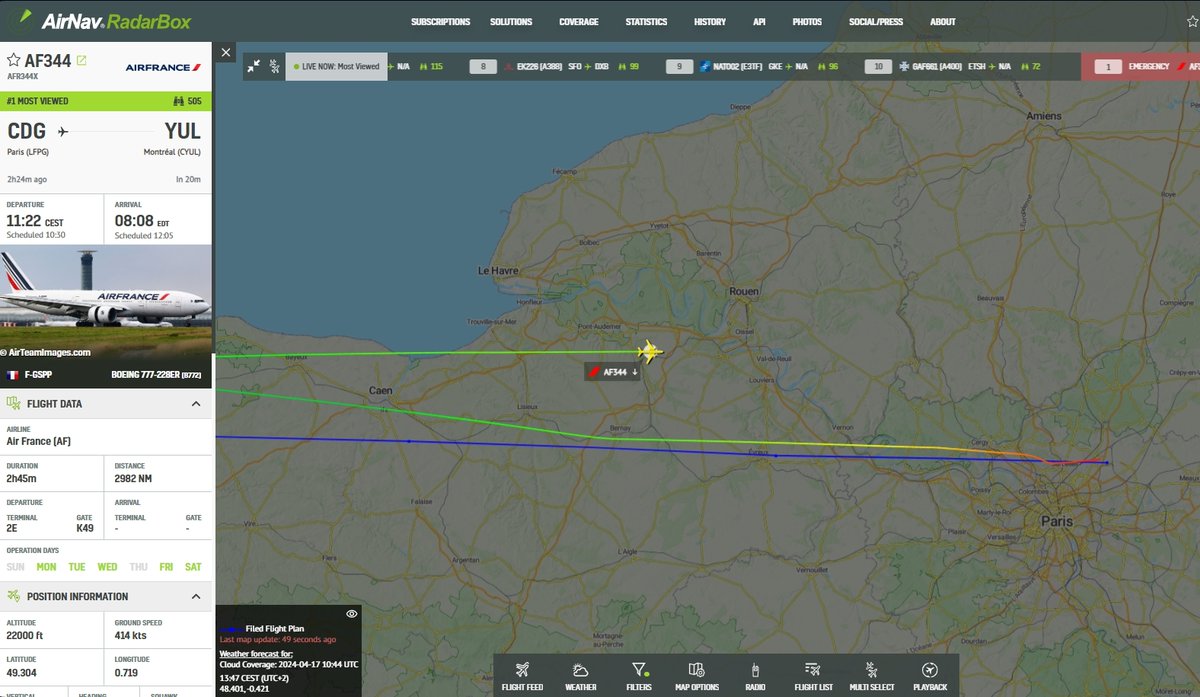 AvSourceNews's tweet photo. @RadarBoxCom AF344 is nearing CDG, as the aircraft descends through FL210.

https://t.co/cvaKBG9Awu

@RadarBoxCom

#AirFrance #AF344 #Paris #Montreal #AvGeek https://t.co/NL1ENUCMbP