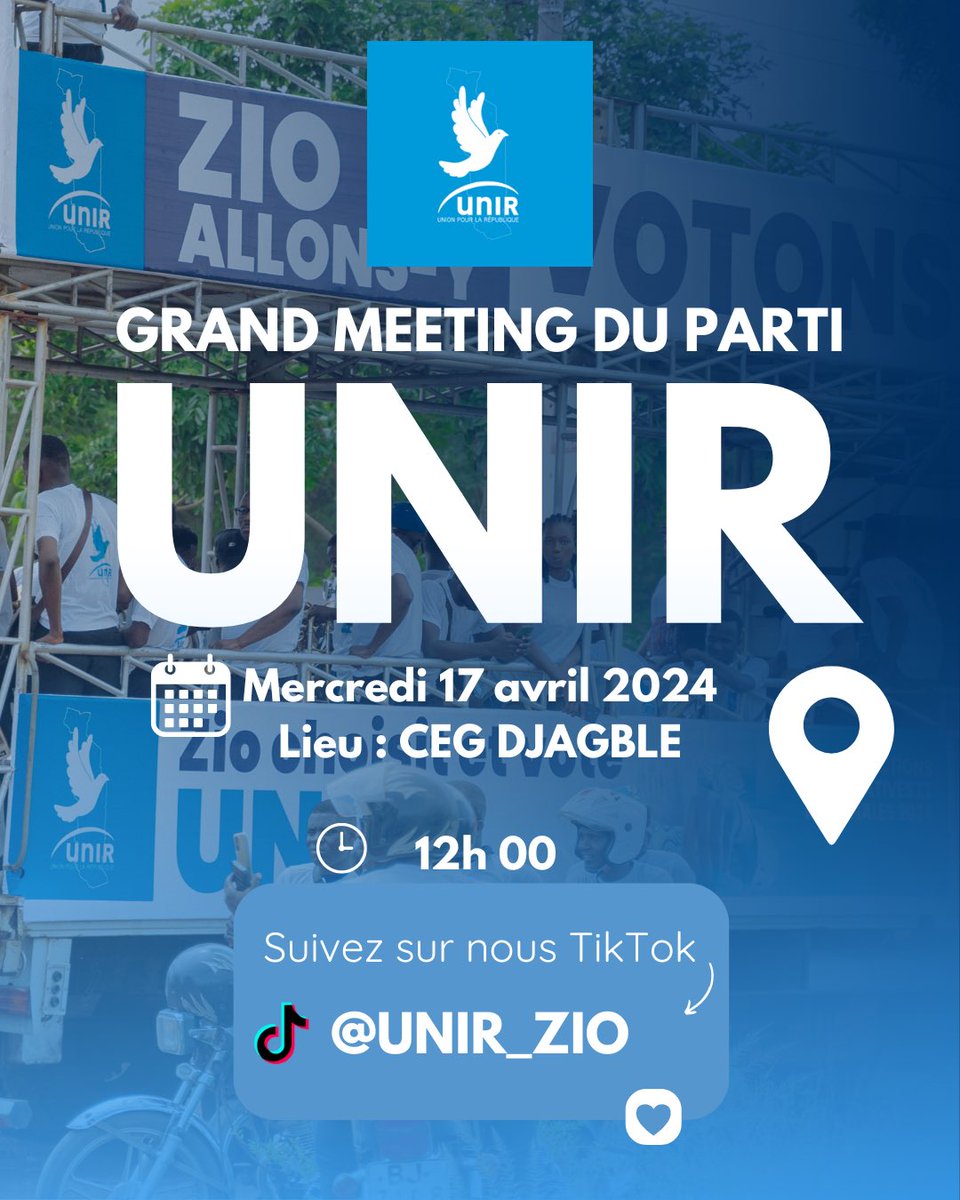 MilaAziable's tweet photo. 🕊🕊
#TeamUnir
#TeamFEG
#AllonsY
Chers Militantes et Militants du Grand Parti UNIR de Zio, c'est l'heure de l'action ! Mobilisons-nous massivement pour le Grand Meeting du Parti UNIR aujourd’hui :
📅 Date : Mercredi 17 avril 2024
📍 Lieu : CEG DJAGBLE à 12h
N’hésitez pas à vous abonner à notre TikTok pour suivre l’effervescence de notre mobilisation ! 🎉
#UNIR #Caravane #Zio #EnergizeWithMila