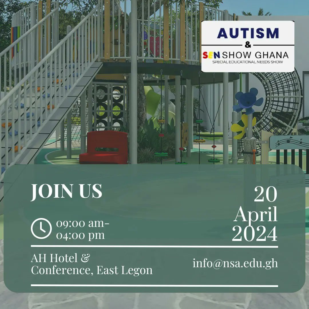 Join us on April 20th for the 2024 Show and Autism & SEN Week at the AH Hotel & Conference Centre, East Legon. 

Engage with us to discover how we're redefining possibilities & celebrating neurodiversity!✨ 

#AutismSENWeek #InclusiveLearning #NeurodiversityCelebration #autism