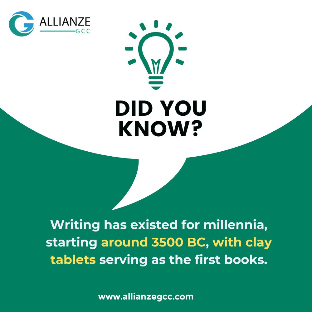allianze_gcc's tweet image. Time to dive into the origins of writing! 🌍✒️ 

Explore the incredible fact that writing dates back to 3500 BC, with clay tablets paving the way for the first-ever books. 📚✍️

#WritingLegacy #DidYouKnow #ClayTablets #WritingThroughHistory #AncientBooks #WritingChronicles
