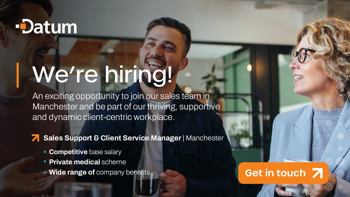 Join us as Sales Support & Client Service Manager at our MCR1 site in #Manchester - become part of our dynamic sales team and support our end-to-end sales process. Are you ready to make an impact? Apply now! 🔗 datum.co.uk/about/careers/ #ManchesterJobs #HiringNow