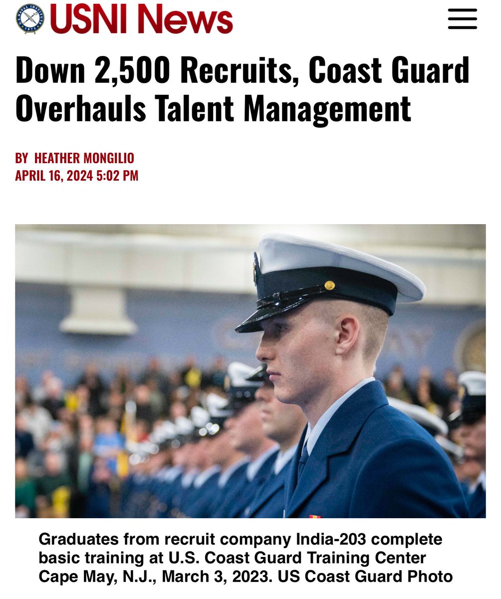 A first: Coast Guard struggling with recruitment… “Recruiting had never been an issue for the Coast Guard, Vice Adm. Paul Thomas, deputy commandant for mission support, said at separate Sea Air Space panel. People would come to the service, and they met the necessary numbers…