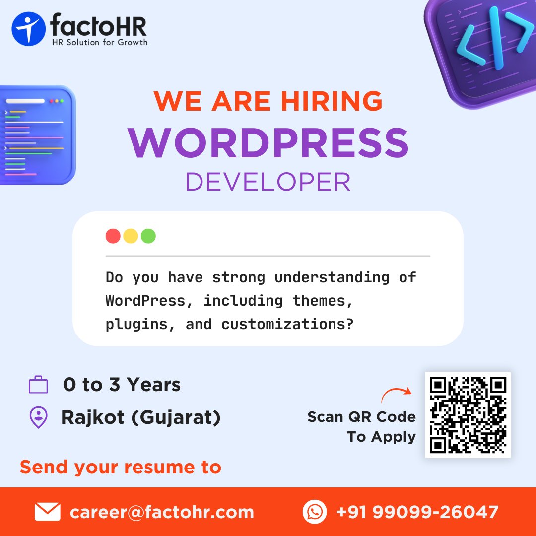 If you have a strong understanding of WordPress, including themes, plugins, and customizations, then we have a place for you.

Share your CV at career@factohr.com
Or WhatsApp wa.me/+919909926047

#wordpressdeveloper #rajkotjobs #hiringnow #wearehiring #factoHR #hiringalert