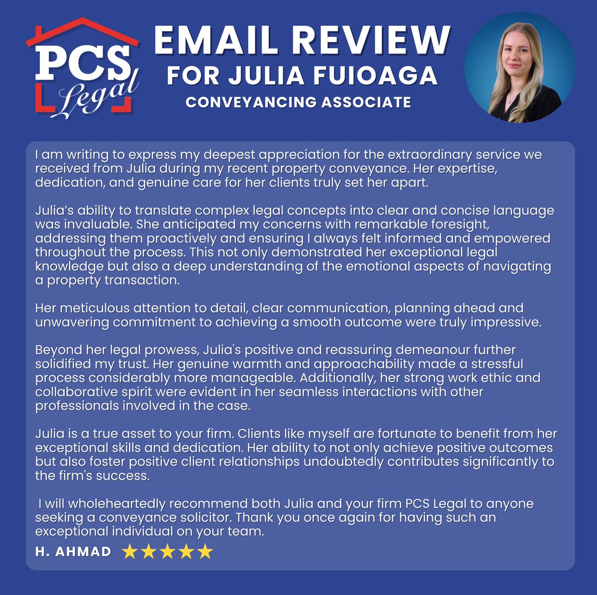 This client made the effort to write a glowing review and email it to our senior directors, in praise of our fantastic Conveyancing Associate Julia! 🌟 #TeamPCS #PCSLegal #Review