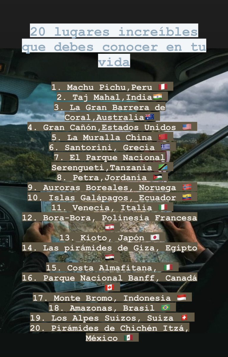20 lugares increíbles que debes conocer en tu vida
.
.
📌COMPARTE SI MÁS DE UN DESTINO ESTÁ EN TU LISTA
.
📌COMENTA CON BANDERAS LOS YA CONQUISTADOS!!💪🏽
.
Empiezo yo: 🇯🇴 🇮🇩 🇬🇷 
.
📌MOCHILAYBOCATA.COM
.
.@SpainTravelB