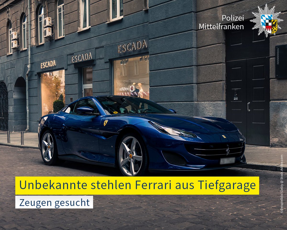 Im Zeitraum vom 31.10.2023 bis 03.04.2024 entwendeten Unbekannte einen #Ferrari aus einer Tiefgarage in #Ansbach. Die Kollegen der Kriminalpolizei bitten um #Zeugenhinweise. ➡️polizei.bayern.de/aktuelles/pres…