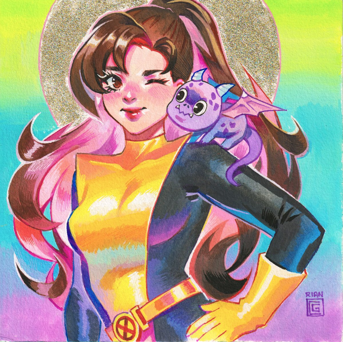 Kitty Pryde pre-con commission for @braveandboldart 😄💖Hope you guys like it! 😄💖 8' x 8' inches Gouache and watercolor Painting timelapse will be available at my Patre*n soon #ジャパコミ