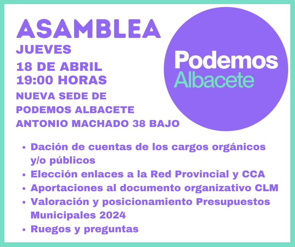¡Mañana tenemos asamblea!

🗓 Jueves 18 de Abril.
⏰ 19:00 horas.
📍Nueva sede de #Albacete (C/ Antonio Machado 38 bajo)
¡Te esperamos!