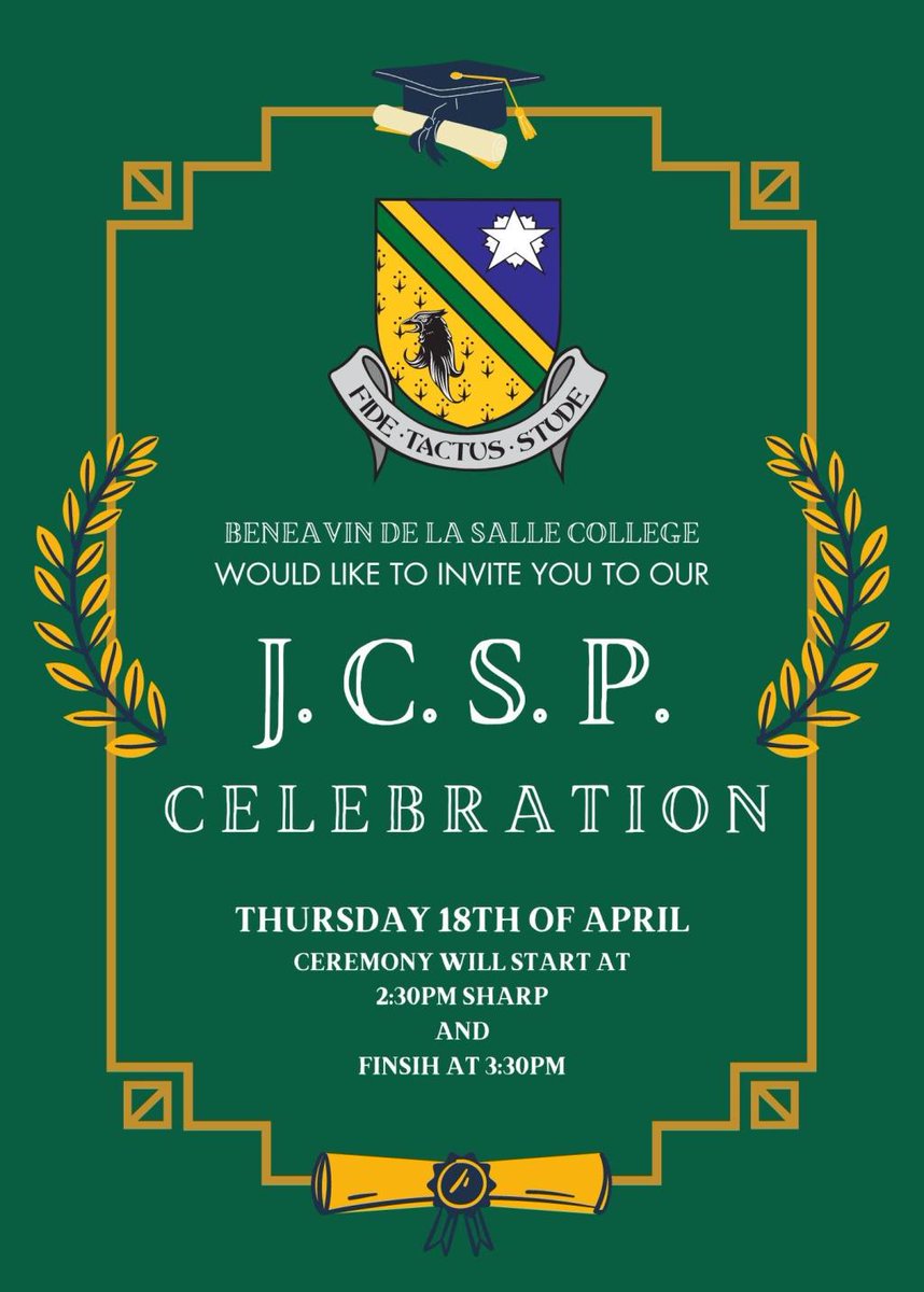 1st year students will be awarded their JCSP statements this Thursday! All 1st year parents are invited to our JCSP Celebration in the school this Thursday18th May  at 2:30pm. We invite you to stay for some refreshments after the celebration! Look forward to seeing you all there