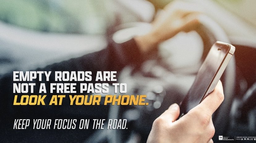 There’s just no safe way to check notifications when you’re driving. Distractions are dangerous, even when there are no other vehicles around you. tntrafficsafety.org/distracted-dri… #HandsFreeTN