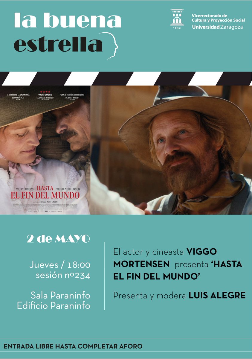 📽️¡¡Viggo Mortensen será el protagonista de la sesión 234 de 'La buena estrella'!! El próximo 2 de mayo a las 18:00h en el #Paraninfo de la @unizar. ¡No te lo pierdas! 👇👇👇 cultura.unizar.es/actividades/la…