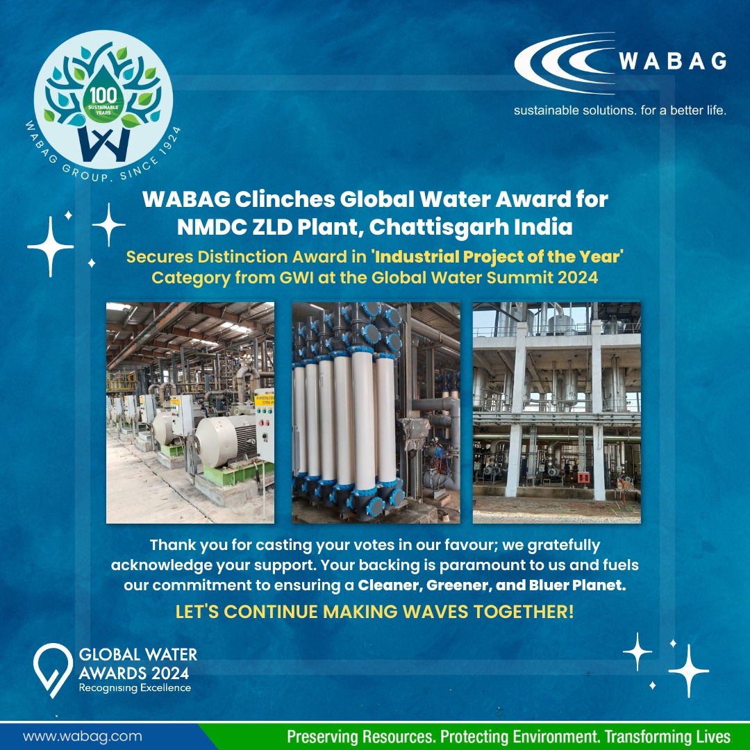 WABAG Clinches Global Water Award for NMDC ZLD Plant, India. Secures Distinction Award in 'Industrial Project of the Year' Category by @WaterIntel (GWI) at the Global Water Awards 2024. 

Thank you for casting your votes in our favour; we gratefully acknowledge your support.