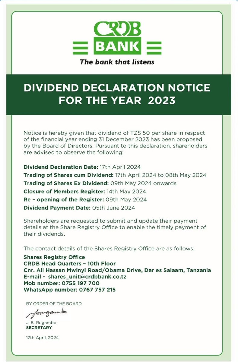 dsetanzania's tweet photo. @crdbbankplc has declared Tzs 50 dividend per share in respect of the financial year ending 31 December 2023 https://t.co/R2darMRo8y