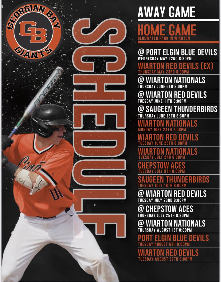 #BluewaterFastball Schedule is done. Here’s a look at the Giants season. 

2 Divisions this year, North &amp; South.

We land in the North with the Wiarton Nationals &amp; Wiarton u23 Red Devils. 

Play North division opponents 4 times 
Play South division opponents 2 times.

14 game szn